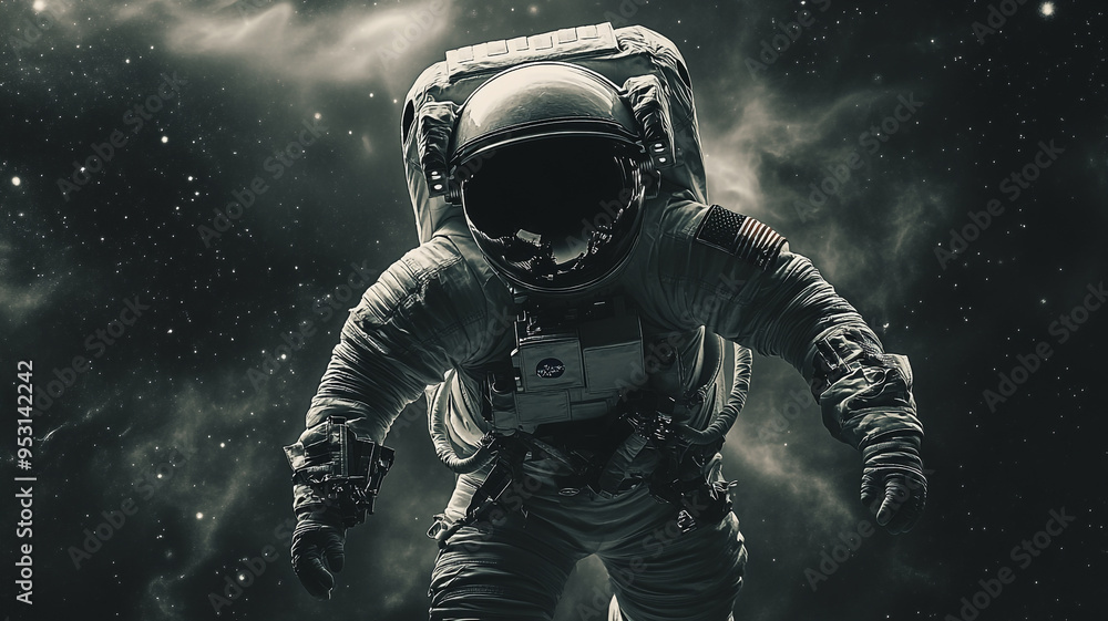 An astronaut floats through the dark expanse of space, surrounded by a shimmering galaxy and swirling cosmic dust, captured in a moment of exploration An astronaut floats through the dark expanse of space, surrounded by a shimmering galaxy and swirling cosmic dust, captured in a moment of exploration
