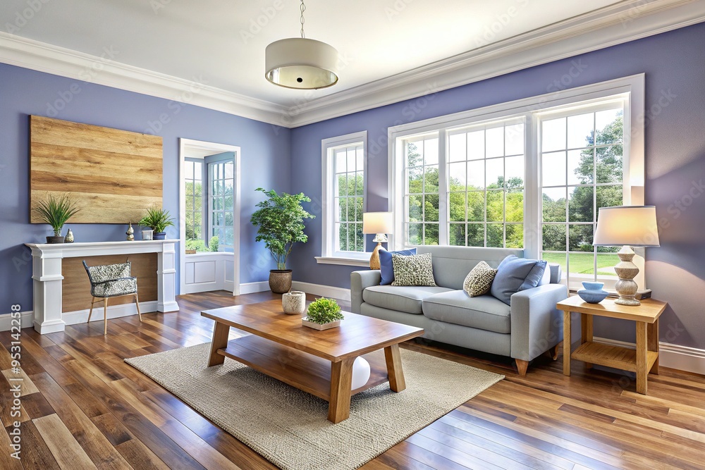 A bright and airy interior features a periwinkle-painted accent wall, complemented by natural light, crisp white trim, and warm wood accents. A bright and airy interior features a periwinkle-painted accent wall, complemented by natural light, crisp white trim, and warm wood accents.