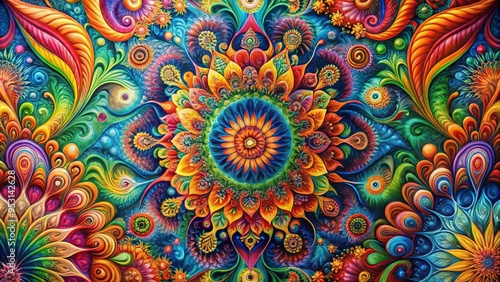 Vibrant abstract tapestry with flowing organic shapes in psychedelic colors and textures