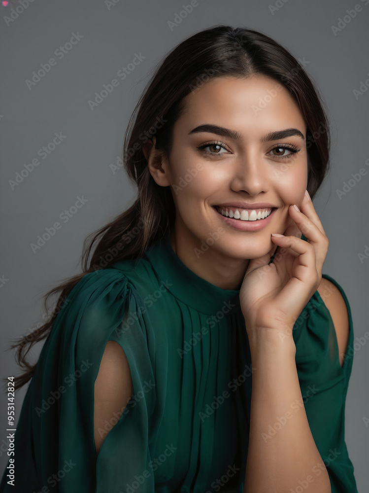 Fototapeta premium Beautiful woman in profile with long and shiny wavy hair . Beauty model girl with simple hairstyle . Jewelry, Beauty, makeup and cosmetics .