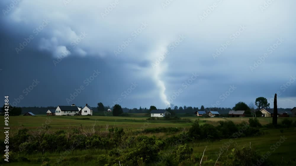 Rural Village Under Dark Storm Clouds with Lightning in the Distance Rural Village Under Dark Storm Clouds with Lightning in the Distance