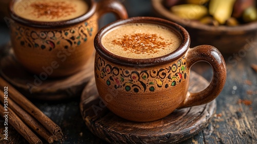 Hot cappuccino with cinnamon and beans in a white mug on a brown table