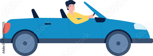 Man driving blue car. Convertible auto trip