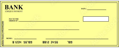 Editable blank Bank check, money cheque, checkbook template Finance with empty field to fill. Banknote