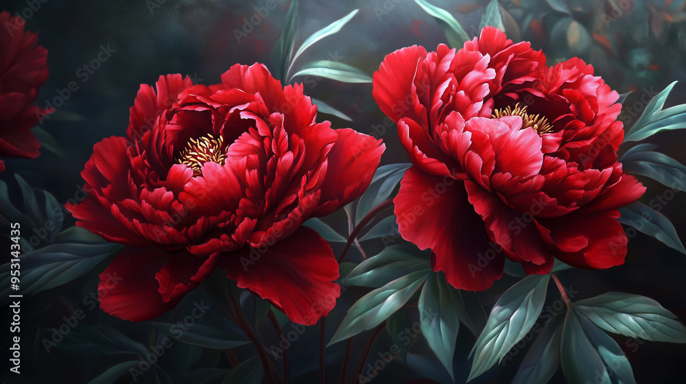 Obraz premium red peonies, red flowers in the garden, floral background