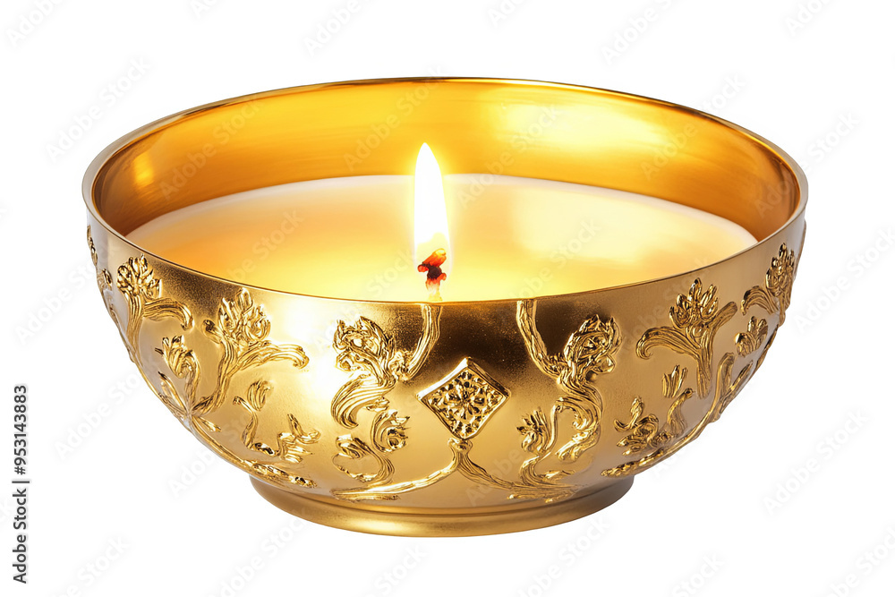 A single candle flame flickers in a golden bowl with an ornate design. A single candle flame flickers in a golden bowl with an ornate design.