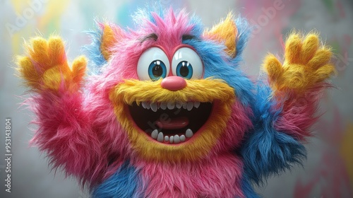 Colorful furry beast cartoon character in a pink and blue hairy monster costume, isolated on white background, happy and active in a dancing pose with hands up.