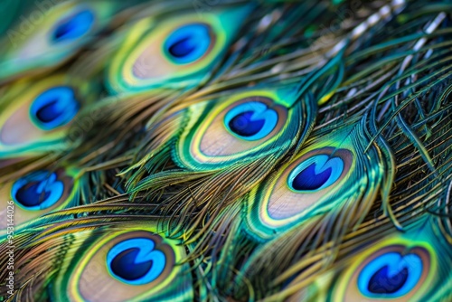 A vibrant collection of peacock feathers displayed in stunning detail. Each feather showcases intricate patterns and bright colors. Perfect for artistic projects. Generative AI