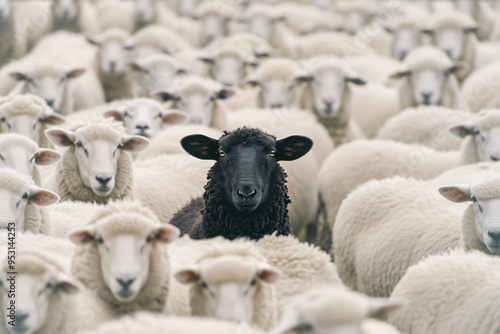Single black sheep in large flock of white sheep