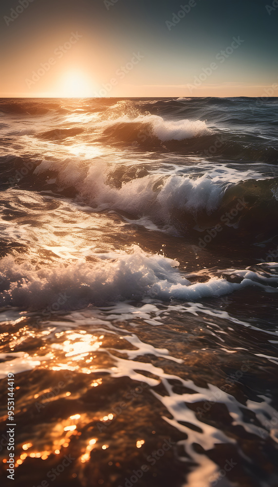 Fototapeta premium A close-up view of a wave at sunset, with sunlight reflecting off the water's surface. The colors are warm, showcasing shades of orange and blue, creating a serene and dynamic ocean scene.