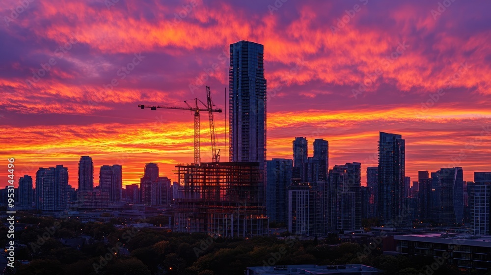 Naklejka premium A vibrant sunset over a city skyline with a construction site and towering buildings.