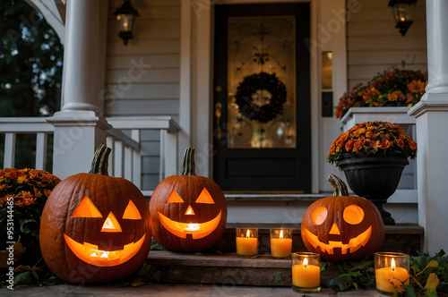 The porch of the house decorated with Halloween pumpkins and candles.