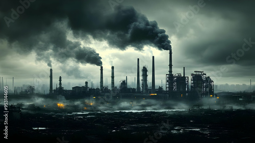 Dark, Gloomy Industrial Landscape with Smoke Stack Emissions