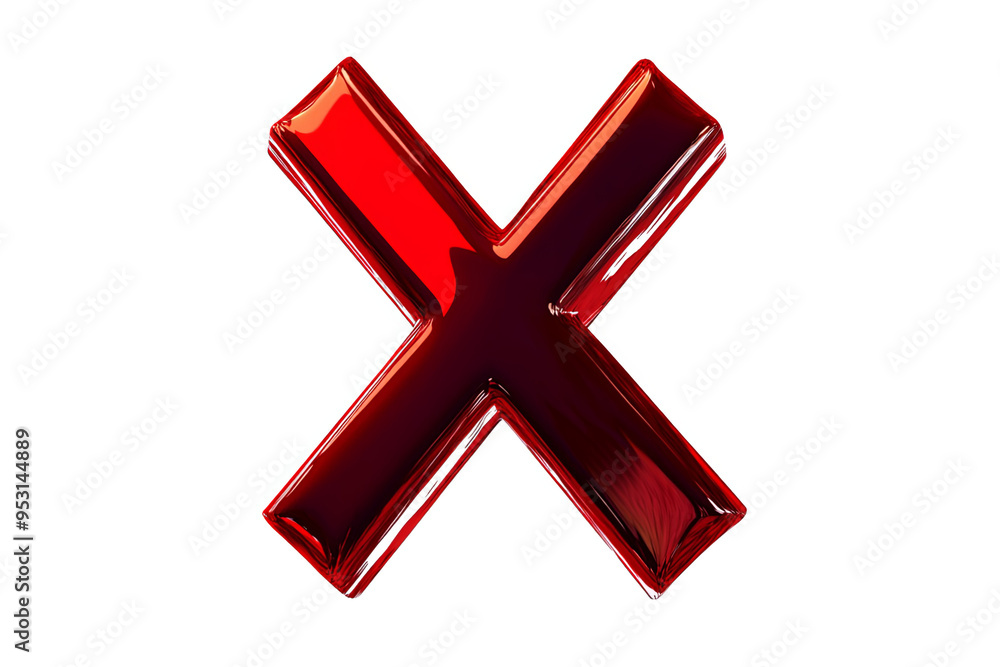 A red, shiny, and glossy letter X isolated on a white transparent background. A red, shiny, and glossy letter X isolated on a white transparent background.