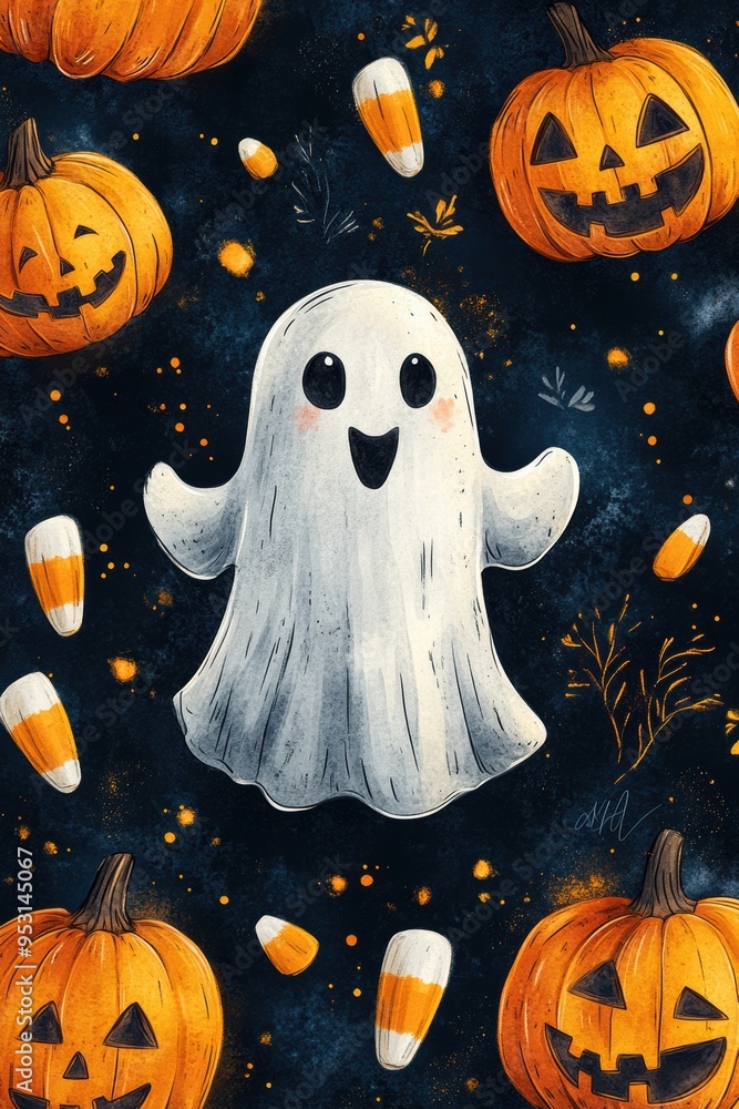 Cute Happy Halloween Seamless Pattern with Playful Ghosts, Pumpkins, and Candy Corn Cute Happy Halloween Seamless Pattern with Playful Ghosts, Pumpkins, and Candy Corn