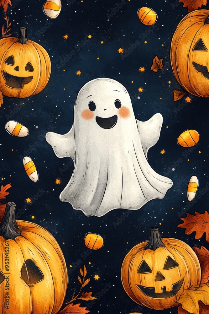 Cute Happy Halloween Seamless Pattern with Playful Ghosts, Pumpkins, and Candy Corn Cute Happy Halloween Seamless Pattern with Playful Ghosts, Pumpkins, and Candy Corn