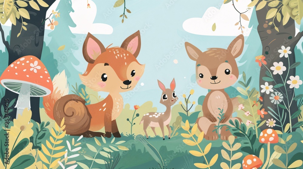 Fototapeta premium Cute Cartoon Animals in a Forest Setting