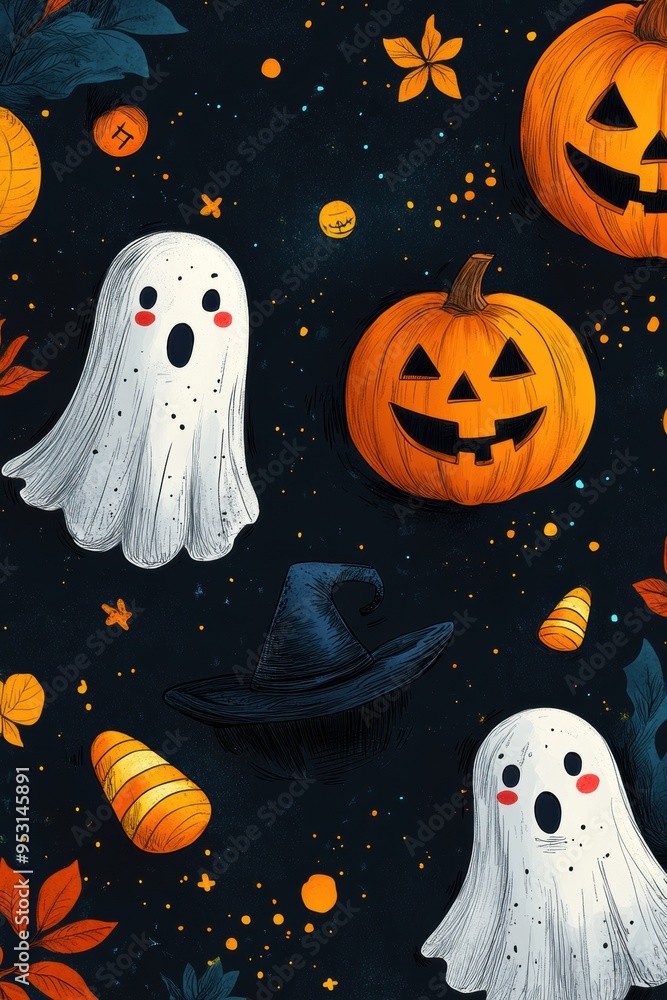 Cute Happy Halloween Seamless Pattern with Playful Ghosts, Pumpkins, and Candy Corn Cute Happy Halloween Seamless Pattern with Playful Ghosts, Pumpkins, and Candy Corn