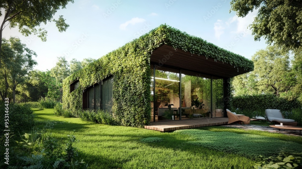 Design a contemporary eco-house with natural materials, green walls, and energy-efficient features. Design a contemporary eco-house with natural materials, green walls, and energy-efficient features.