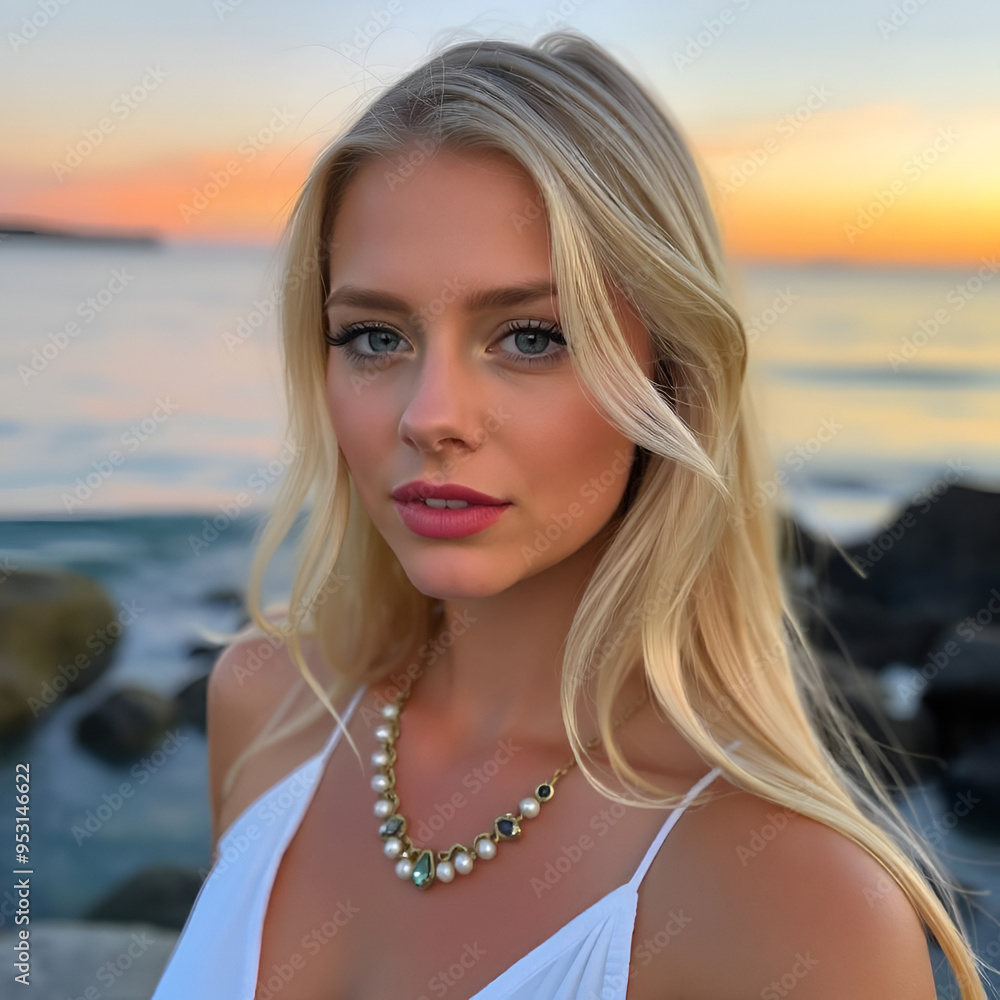 Close-up of smiling woman blond with wavy hair, sunset, jewelry in neck the seaside, model Close-up of smiling woman blond with wavy hair, sunset, jewelry in neck the seaside, model