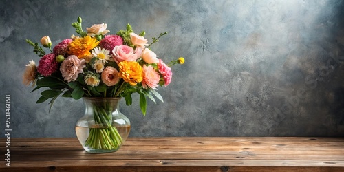 Wallpaper Mural Close up of a beautiful vase with fresh flowers on a wooden table against a gray wall Torontodigital.ca