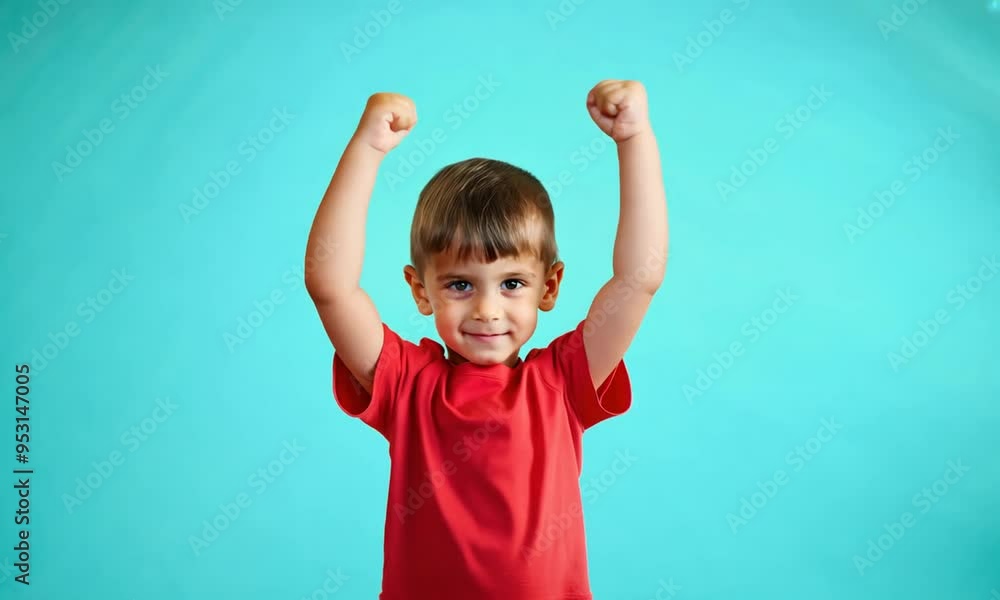 a little kid doing strong pose by moving his hands up while smiling, isolated on light blue background. a little kid doing strong pose by moving his hands up while smiling, isolated on light blue background.