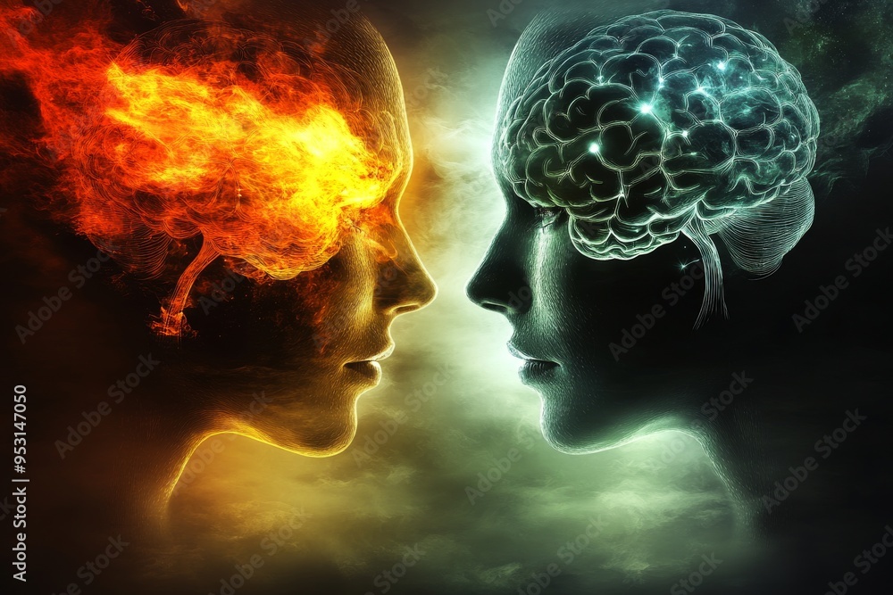 Cognitive Love Fire and ice themed depiction of two brains representing the clash of opposing ideas and the balance of contrasting forces in a vibrant energetic composition Cognitive Love Fire and ice themed depiction of two brains representing the clash of opposing ideas and the balance of contrasting forces in a vibrant energetic composition