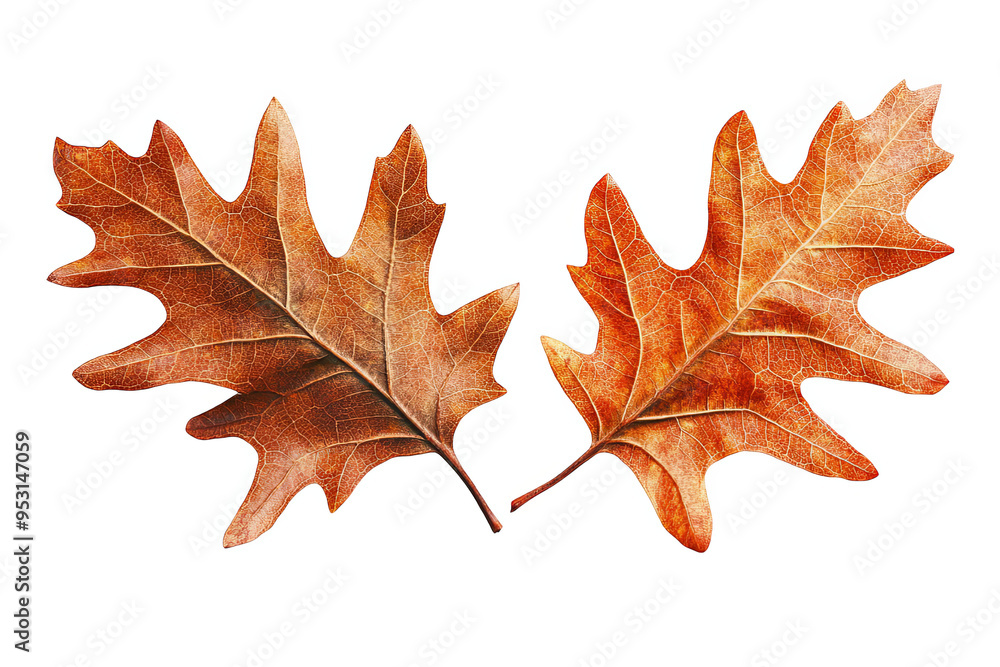 Two brown oak leaves with a lobed shape and veins. Two brown oak leaves with a lobed shape and veins.