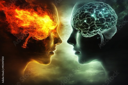 Cognitive Love Fire and ice themed depiction of two brains representing the clash of opposing ideas and the balance of contrasting forces in a vibrant energetic composition