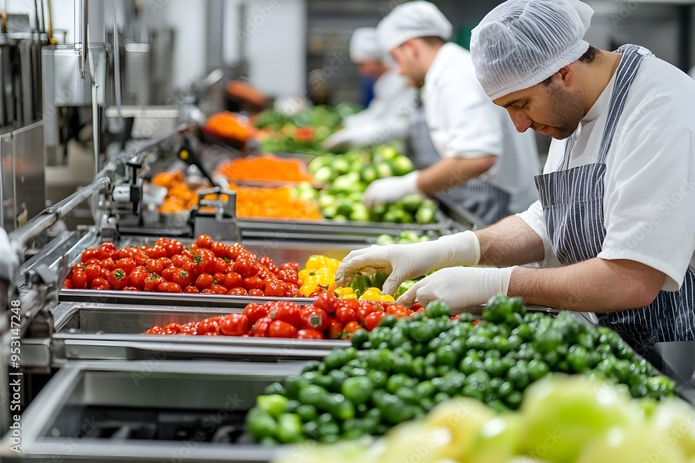 Obraz premium Fresh Produce Sorting and Packaging in a Food Processing Plant with Conveyor Belt
