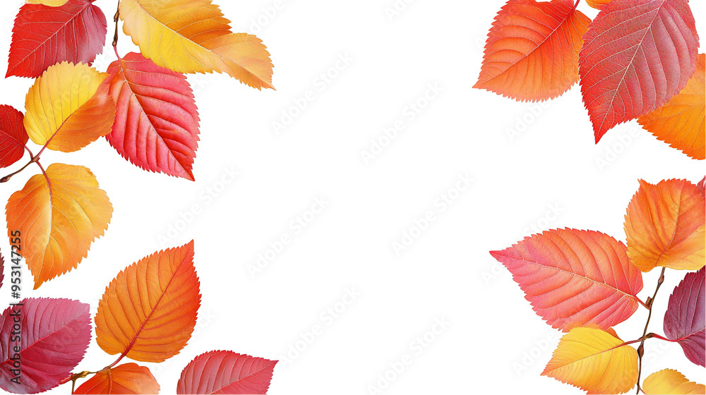 A frame of vibrant red, orange, and yellow autumn leaves on a white transparent background. A frame of vibrant red, orange, and yellow autumn leaves on a white transparent background.