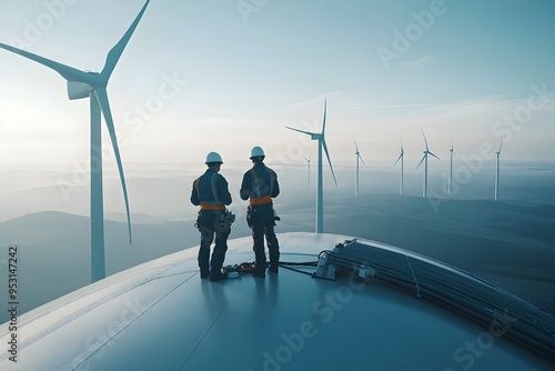 Technicians Performing Maintenance on Offshore Wind Turbines for Renewable Energy Production