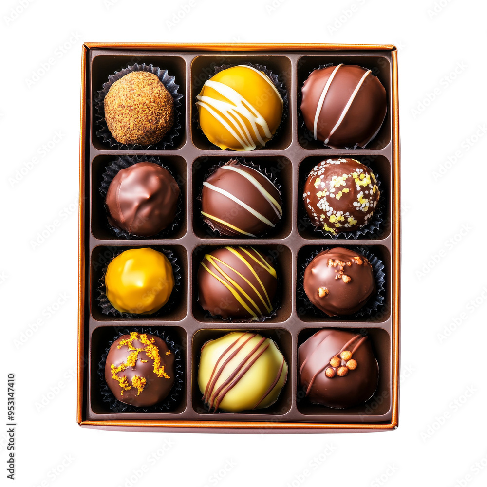 A beautifully arranged box of assorted chocolates, featuring diverse flavors and decorative designs, perfect for gifting or indulgence.