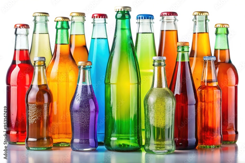 A colorful arrangement of empty glass bottles with different shapes and sizes, showcasing a variety of fizzy drink brands, against a white background.