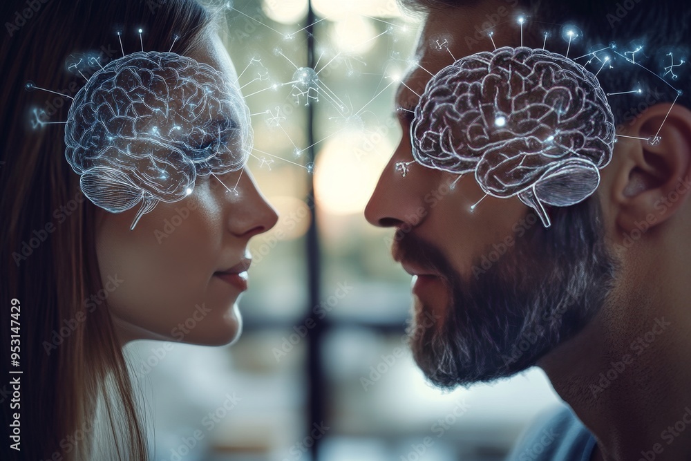 Mind Loving Profile view of a couple with digitally rendered brains portraying the connection between intellectual engagement and emotional bonding in modern relationships Mind Loving Profile view of a couple with digitally rendered brains portraying the connection between intellectual engagement and emotional bonding in modern relationships