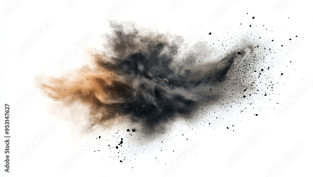 A black, brown, and tan-colored dust cloud explosion on a white background. A black, brown, and tan-colored dust cloud explosion on a white background.