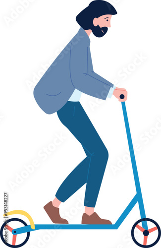 Bearded man riding scooter. Businessman city travel