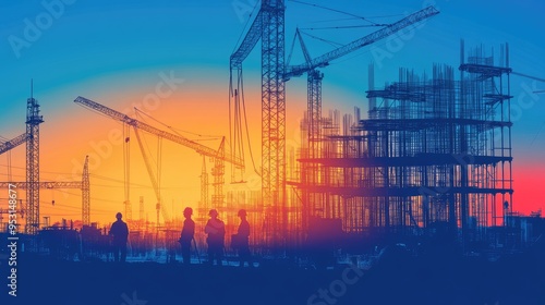 Silhouetted construction scene at sunset, showcasing cranes and workers.