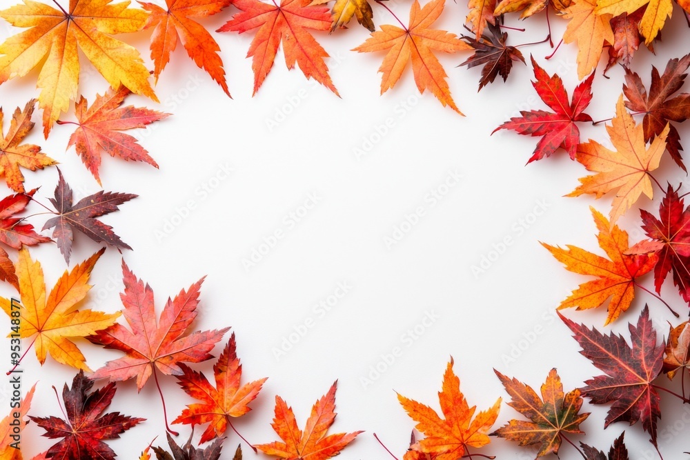 Autumn Maple Leaves Flat Lay White Background created with Generative AI Autumn Maple Leaves Flat Lay White Background created with Generative AI