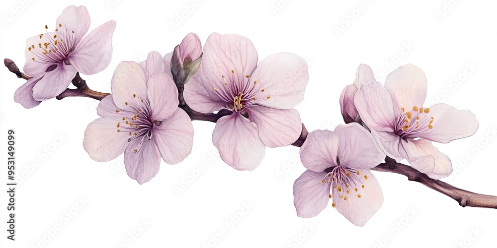 Delicate Beauty: A Watercolor Sprig of Blooming Almond Blossoms Delicate Beauty: A Watercolor Sprig of Blooming Almond Blossoms