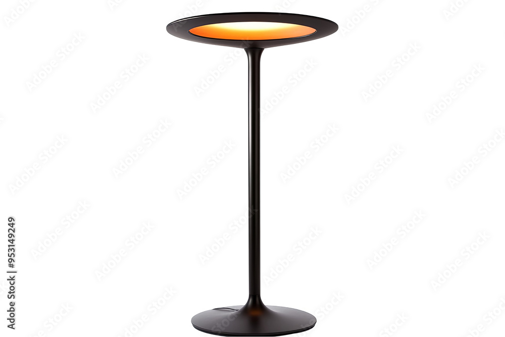 A modern, black, floor lamp with a round, orange light source. A modern, black, floor lamp with a round, orange light source.