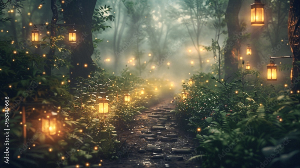 Magical Forest Path with Lanterns and Fairy Lights Magical Forest Path with Lanterns and Fairy Lights