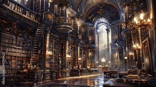 Grand Library Interior with Bookshelves Ornate Details and Sunlight Streaming Through Window