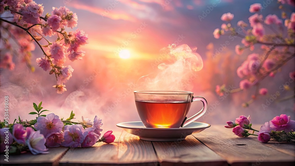 A dreamy pink mist enveloping a cup of tea with floral and sunset hues A dreamy pink mist enveloping a cup of tea with floral and sunset hues