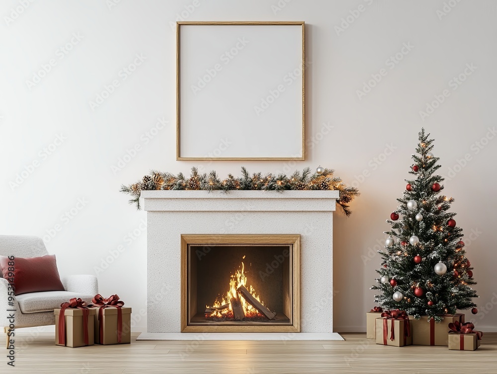 Christmas Fireplace Glow: Warm up to the holidays with this inviting scene of a cozy living room adorned with a Christmas tree, presents, and a crackling fireplace. Christmas Fireplace Glow: Warm up to the holidays with this inviting scene of a cozy living room adorned with a Christmas tree, presents, and a crackling fireplace.