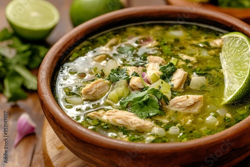 Pozole verde with tender chicken and a squeeze of fresh lime, offering a light and refreshing take on Mexican cuisine