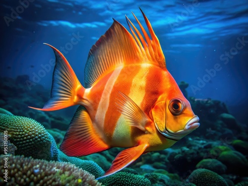 A bright orange batfish swims near the ocean floor, its elaborate fins and wavy body undulating as it searches for food in the dark depths. photo