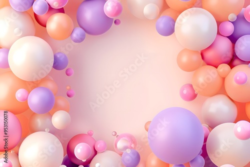 soft pastel background with empty circular area in the middle. Colorful balloons float around the circle.