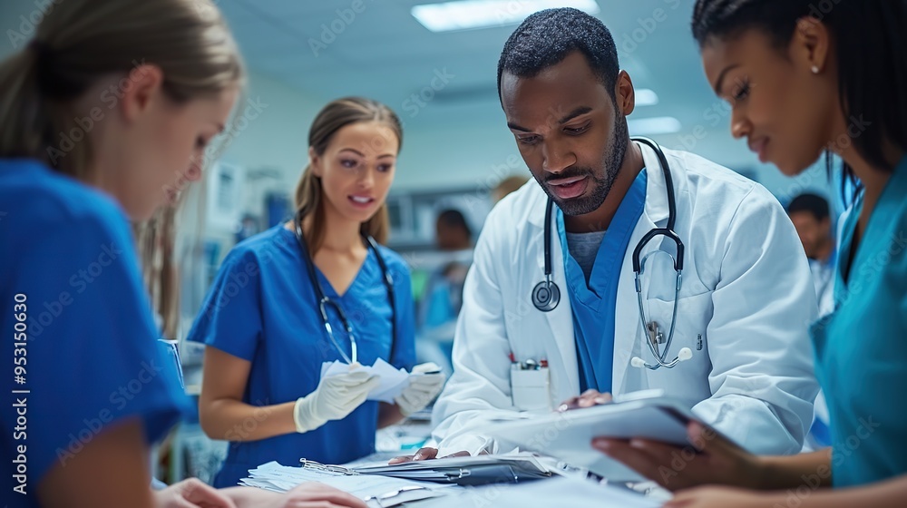 A team of doctors and nurses coordinating in a busy hospital ward, checking charts and discussing treatments A team of doctors and nurses coordinating in a busy hospital ward, checking charts and discussing treatments