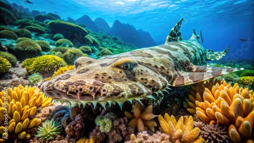 A camouflaged wobbegong shark blends into the rocky reef, its flat head and broad body allowing it to ambush prey in the murky Australian waters. photo